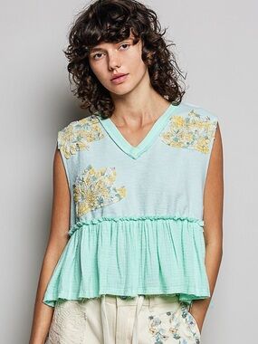 POL Floral Patch Ruffled Sleeveless Top with Raw Edge Detail